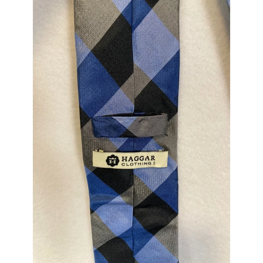 Haggar Silk Necktie Mens OS Blue Grey Black Buffalo Check Plaid Geometric‎ Tie